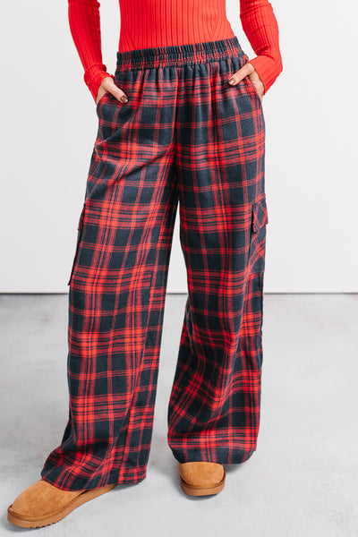 Call It A Night Wide Leg Plaid Lounge Pants (Red)