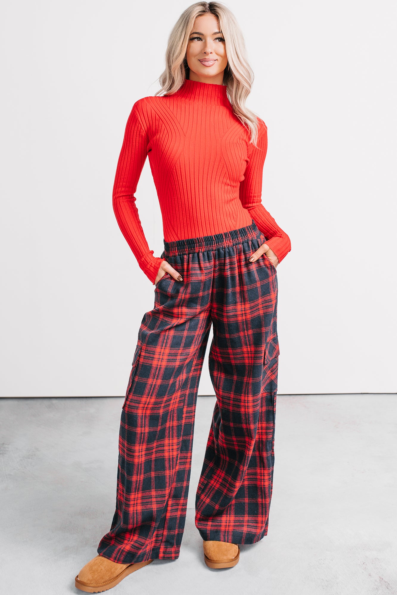 Out Of Line Mock Neckline Ribbed Bodysuit (Red) - NanaMacs