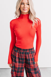 Out Of Line Mock Neckline Ribbed Bodysuit (Red) - NanaMacs