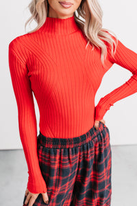 Out Of Line Mock Neckline Ribbed Bodysuit (Red) - NanaMacs