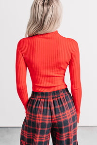 Out Of Line Mock Neckline Ribbed Bodysuit (Red) - NanaMacs