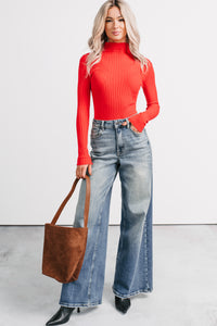 Out Of Line Mock Neckline Ribbed Bodysuit (Red) - NanaMacs