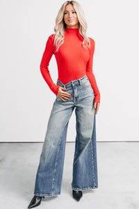 Out Of Line Mock Neckline Ribbed Bodysuit (Red) - NanaMacs