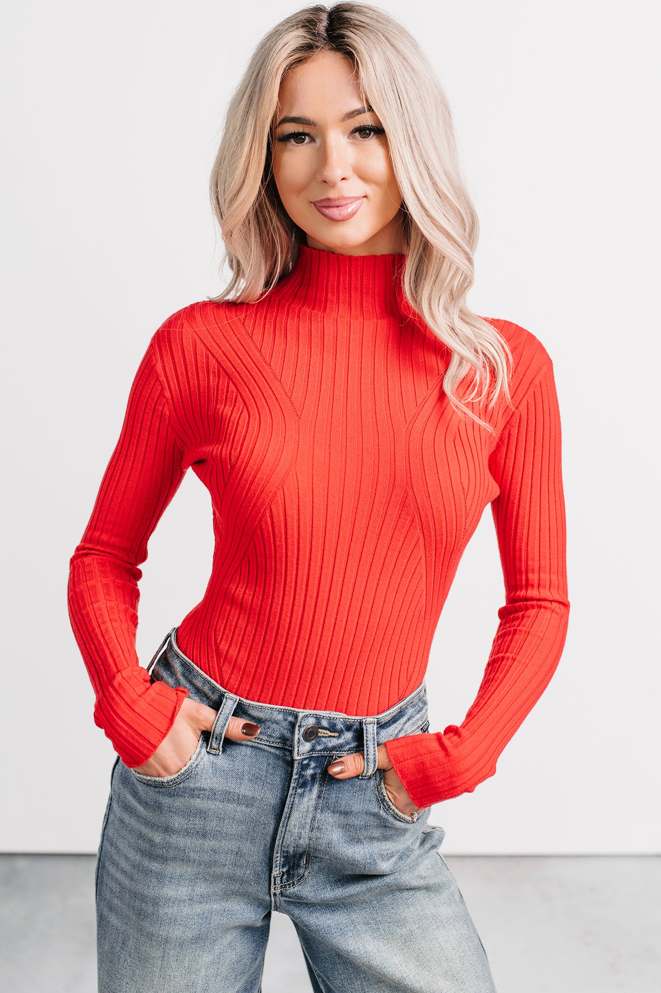 Out Of Line Mock Neckline Ribbed Bodysuit (Red) - NanaMacs