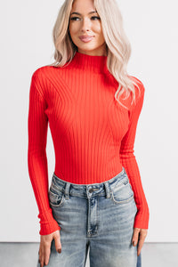 Out Of Line Mock Neckline Ribbed Bodysuit (Red) - NanaMacs
