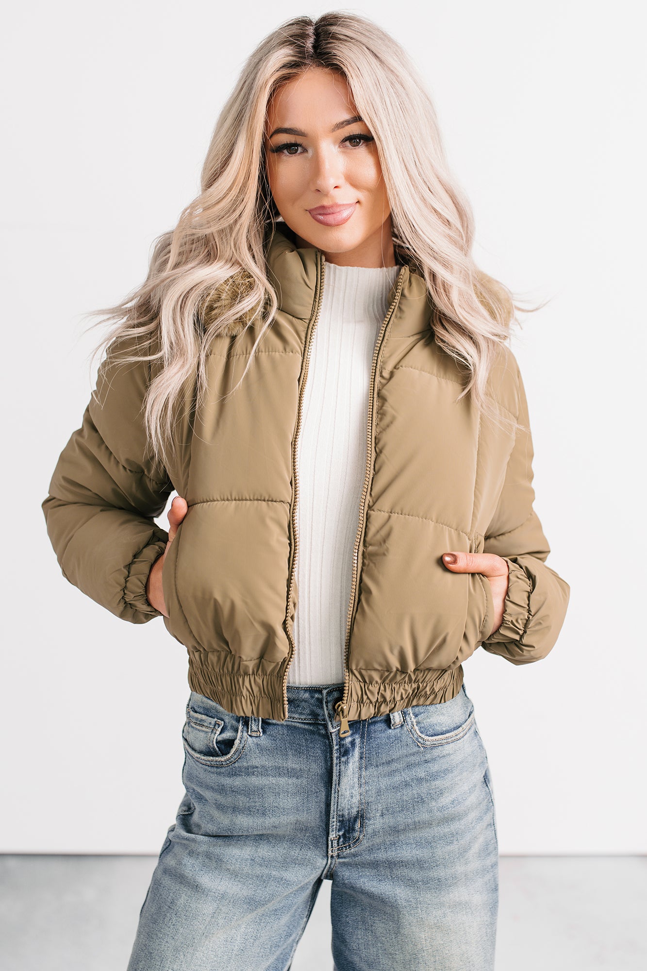 Snowflake Sweetie Faux Fur Hooded Puffer Jacket (Olive) - NanaMacs