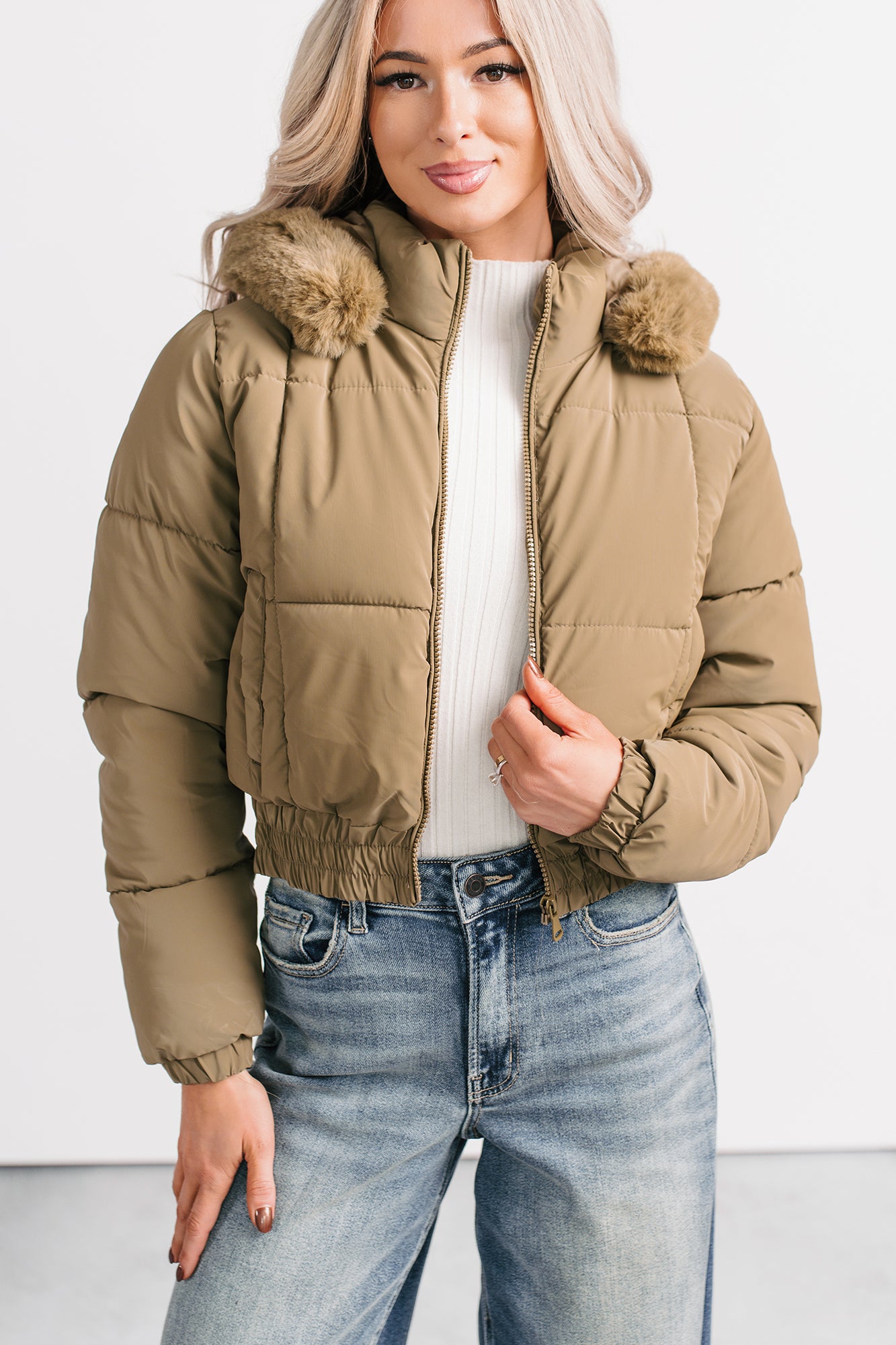 Snowflake Sweetie Faux Fur Hooded Puffer Jacket (Olive) - NanaMacs