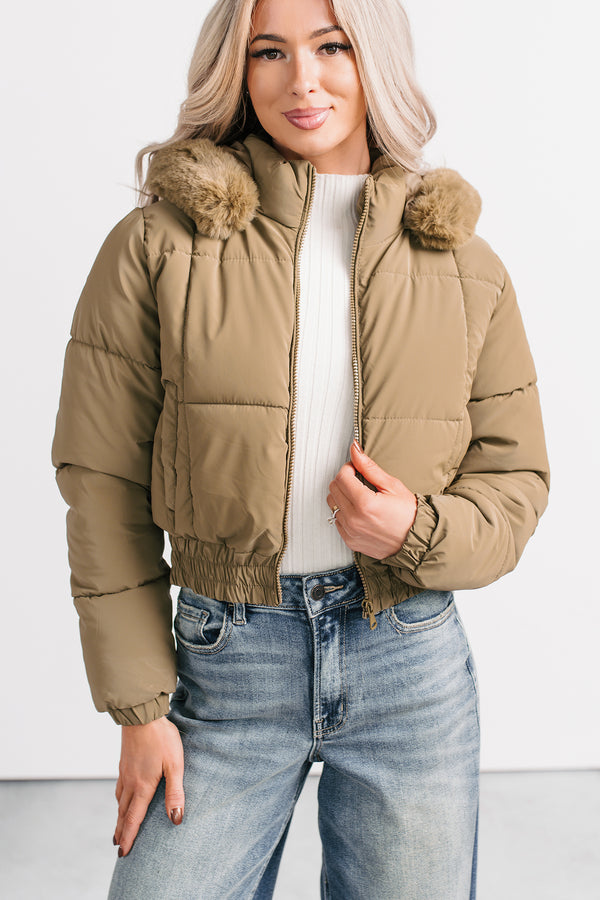 Snowflake Sweetie Faux Fur Hooded Puffer Jacket (Olive)