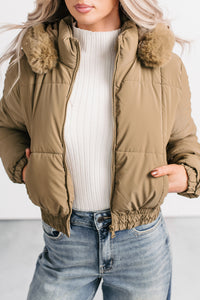 Snowflake Sweetie Faux Fur Hooded Puffer Jacket (Olive) - NanaMacs