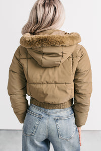 Snowflake Sweetie Faux Fur Hooded Puffer Jacket (Olive) - NanaMacs