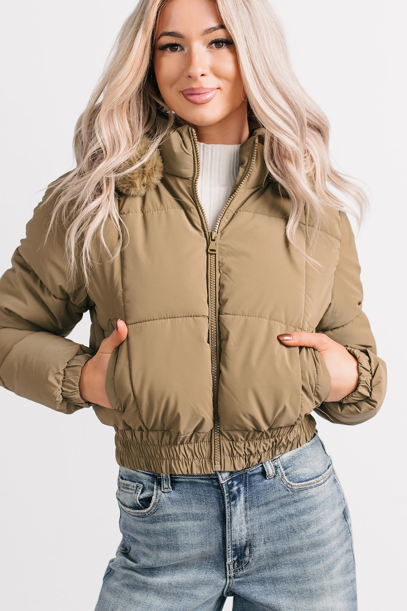 Snowflake Sweetie Faux Fur Hooded Puffer Jacket (Olive) - NanaMacs
