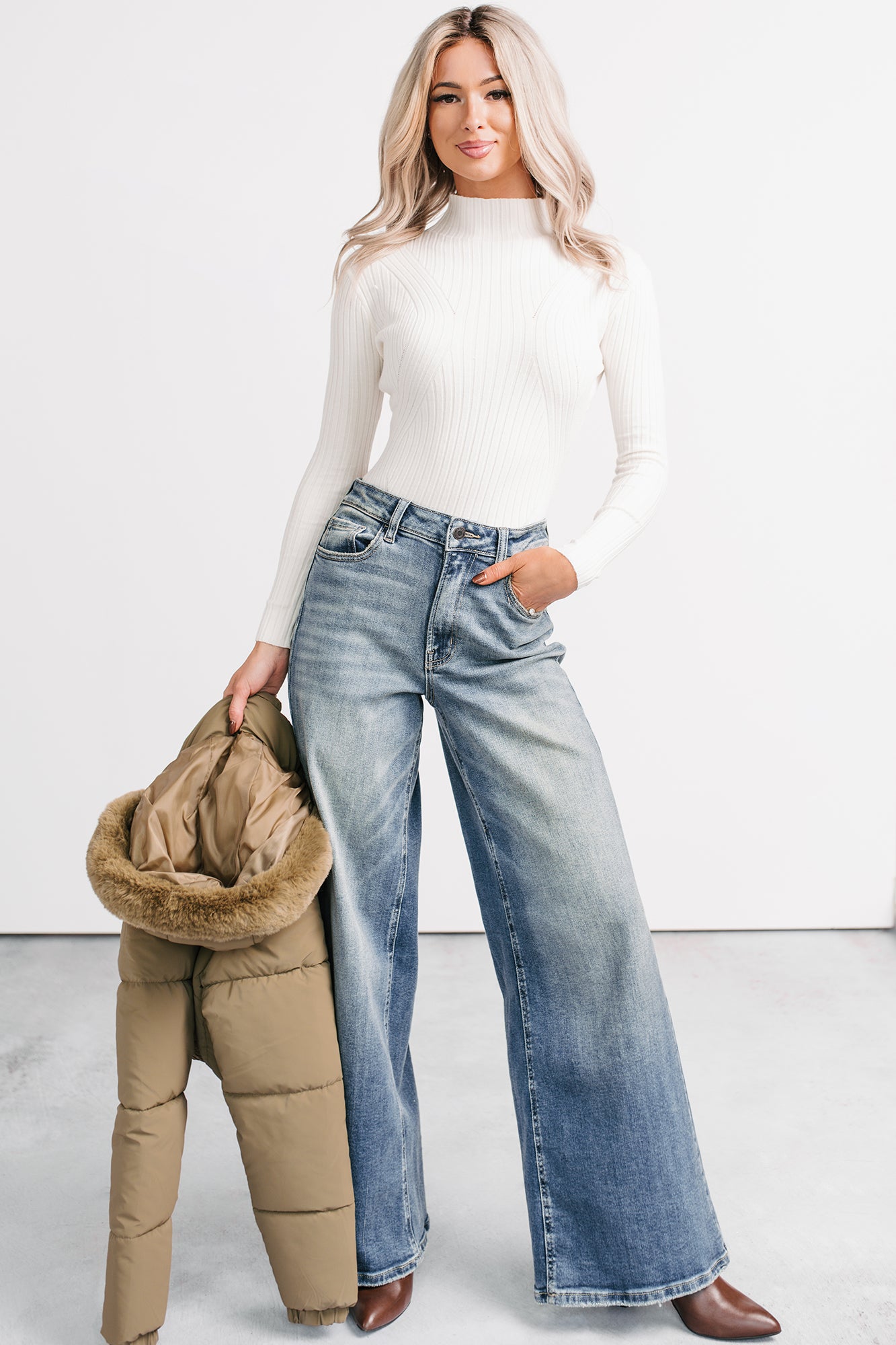 Out Of Line Mock Neckline Ribbed Bodysuit (Cream) - NanaMacs