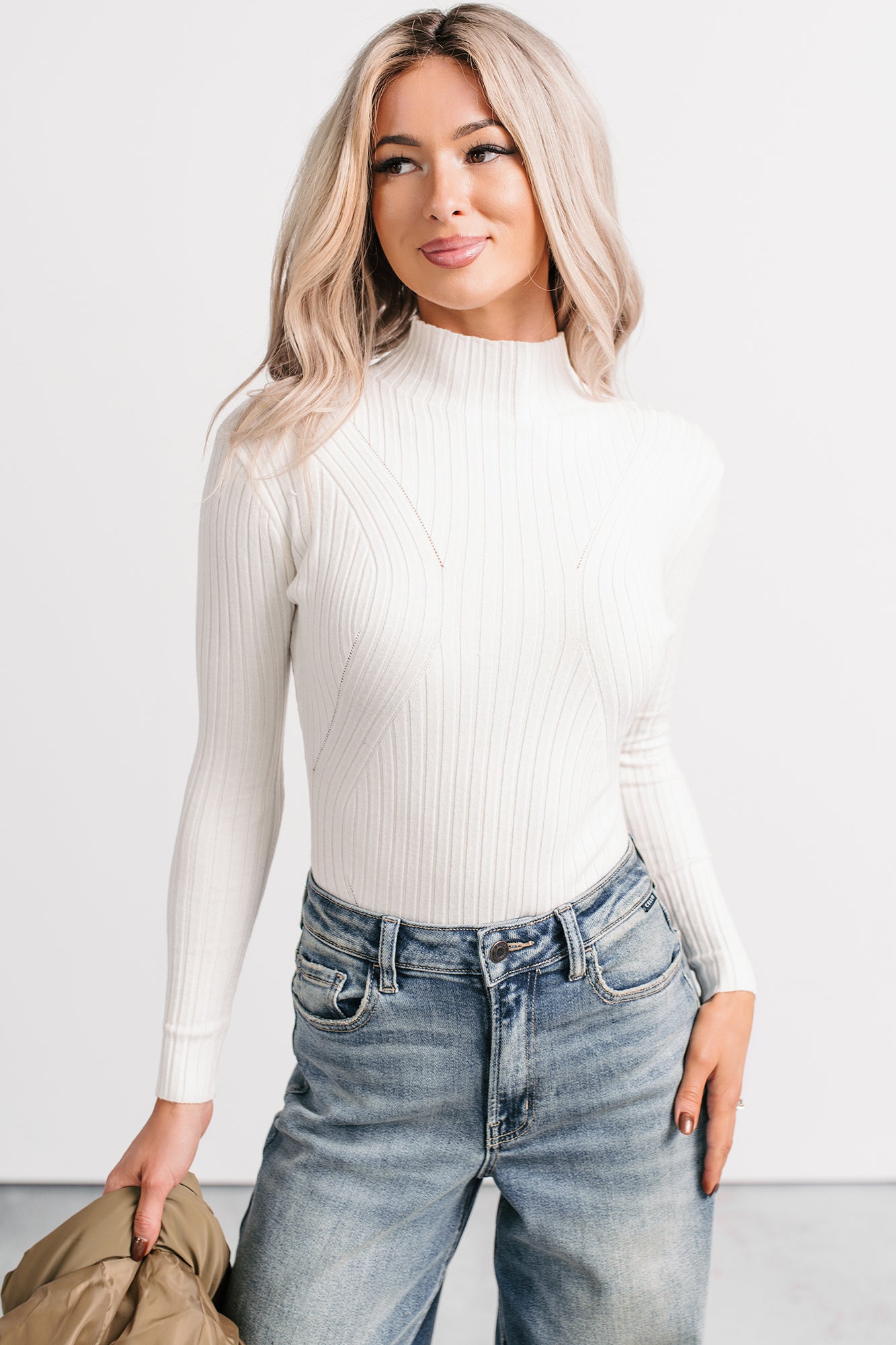 Out Of Line Mock Neckline Ribbed Bodysuit (Cream) - NanaMacs