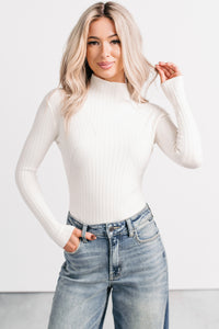 Out Of Line Mock Neckline Ribbed Bodysuit (Cream) - NanaMacs
