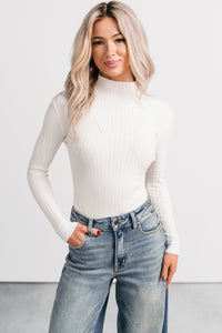 Out Of Line Mock Neckline Ribbed Bodysuit (Cream) - NanaMacs