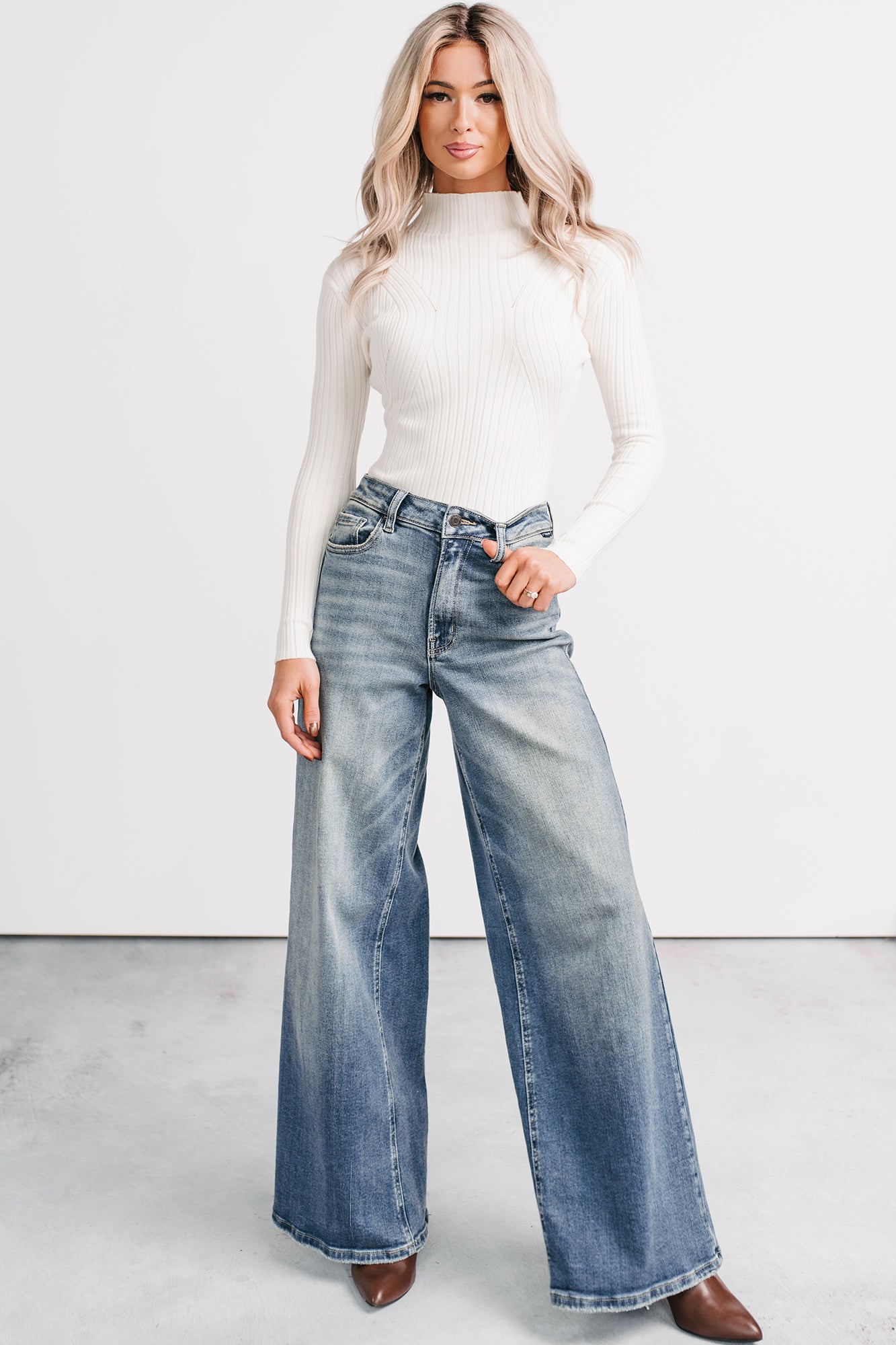 Out Of Line Mock Neckline Ribbed Bodysuit (Cream) - NanaMacs