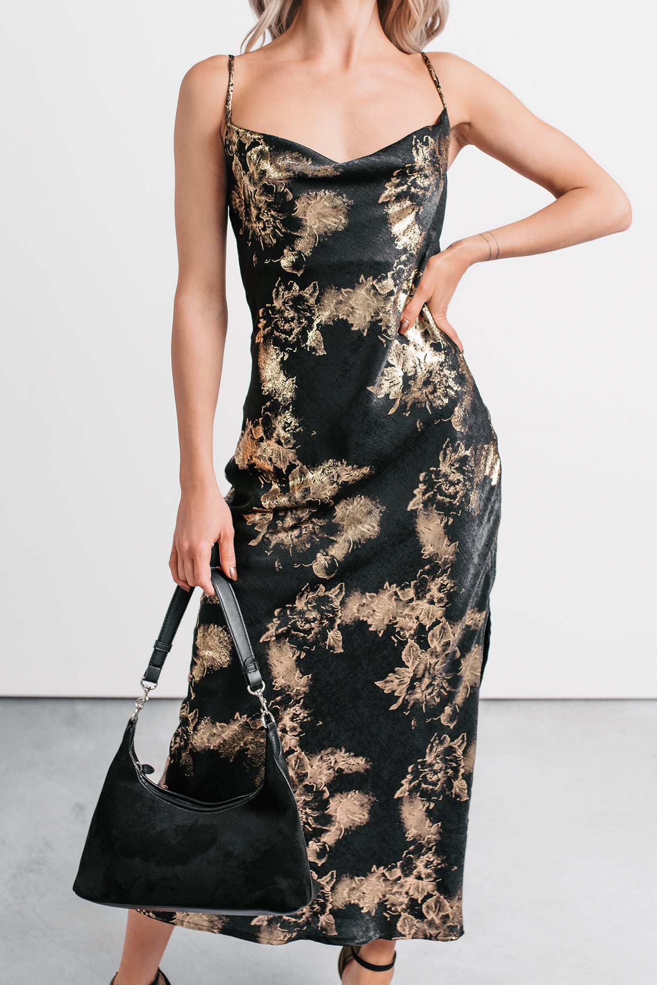 Love Bomb Cutout Back Floral Maxi Dress (Black/Gold) - NanaMacs