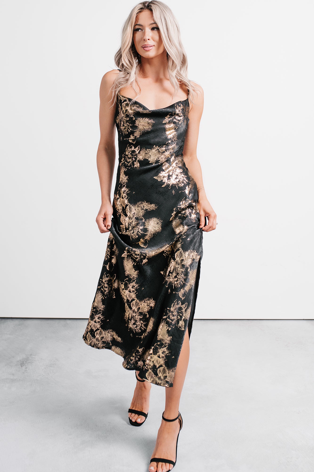 Love Bomb Cutout Back Floral Maxi Dress (Black/Gold) - NanaMacs