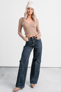 Dreamy Mornings Deep V-Neck Sweater Top (Taupe) - NanaMacs