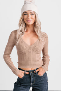 Dreamy Mornings Deep V-Neck Sweater Top (Taupe) - NanaMacs