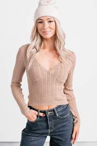 Dreamy Mornings Deep V-Neck Sweater Top (Taupe) - NanaMacs