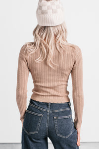 Dreamy Mornings Deep V-Neck Sweater Top (Taupe) - NanaMacs