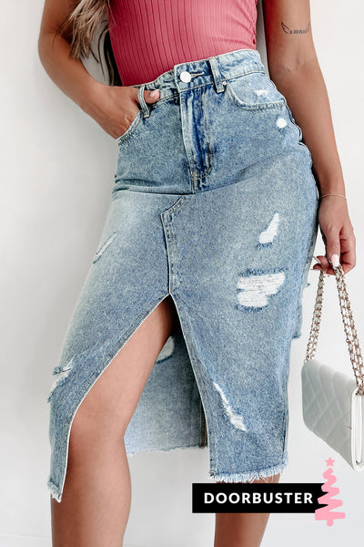Doorbuster Leandra Distressed Denim Midi Skirt (Medium Blue) - NanaMacs
