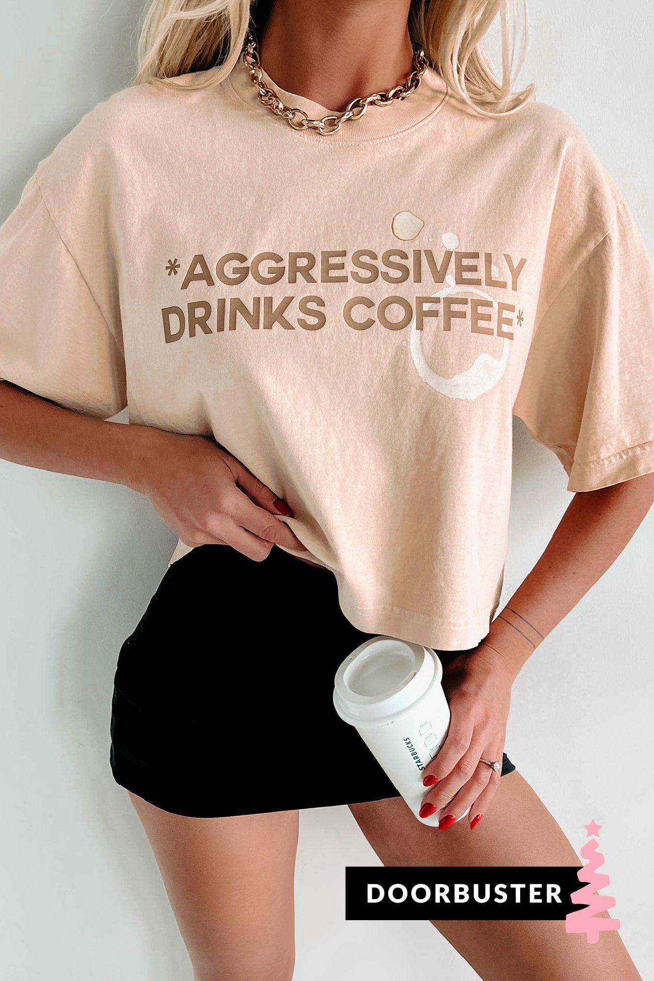 Doorbuster "Aggressively Drinks Coffee" Boxy Fit Graphic Crop Tee (Beige) - Print On Demand - NanaMacs