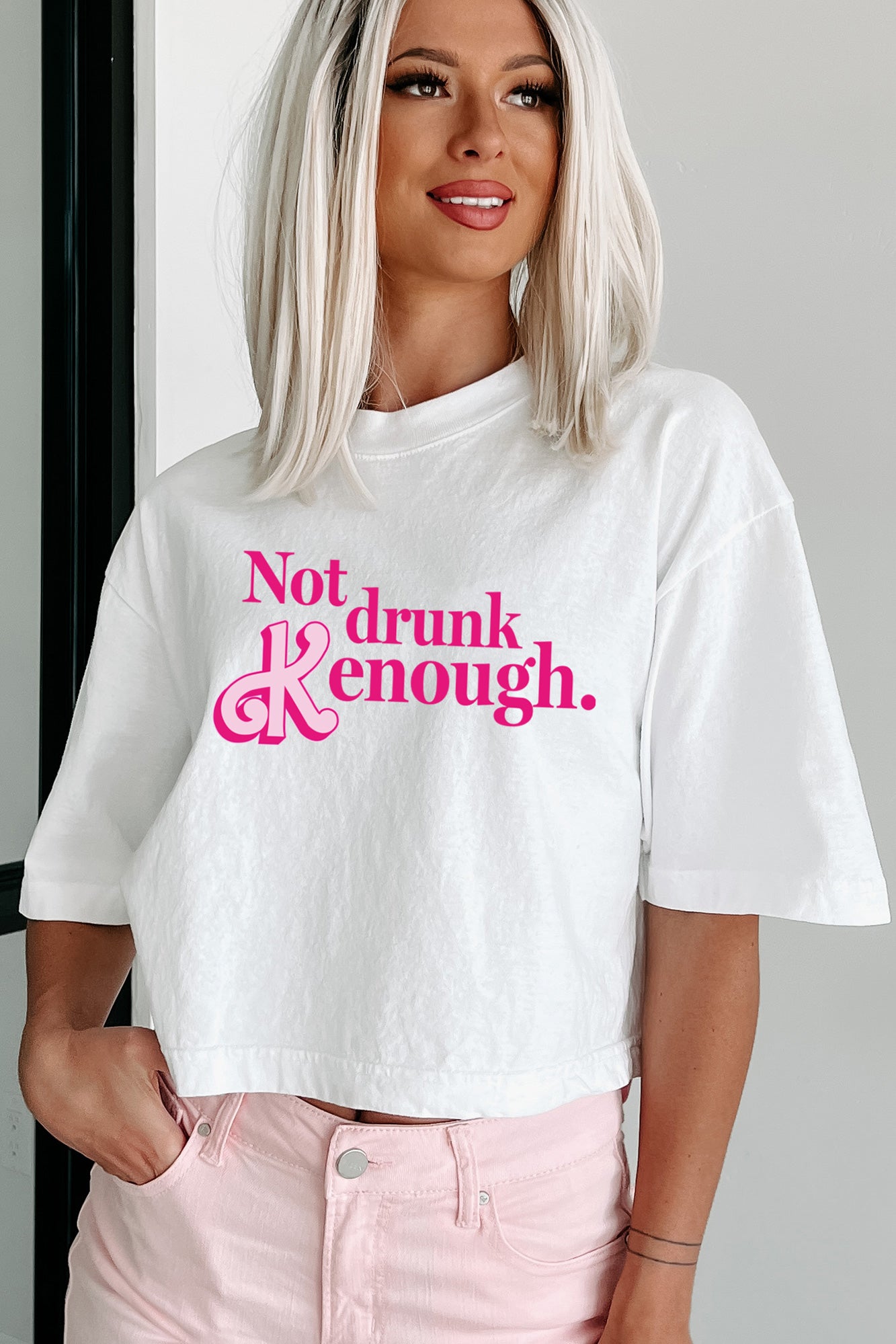 "Not Drunk Kenough" Oversized Graphic Crop Tee (White) - Print On Demand - NanaMacs