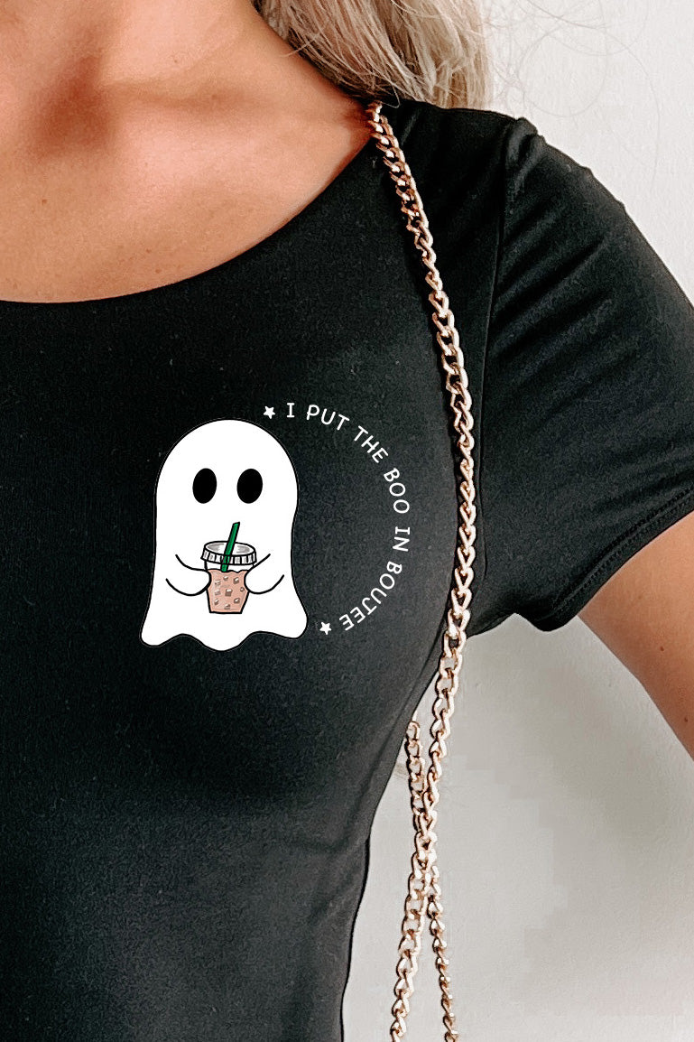 "Boo In Boujee" Scoop Back Graphic Bodysuit (Black) Print On Demand - NanaMacs