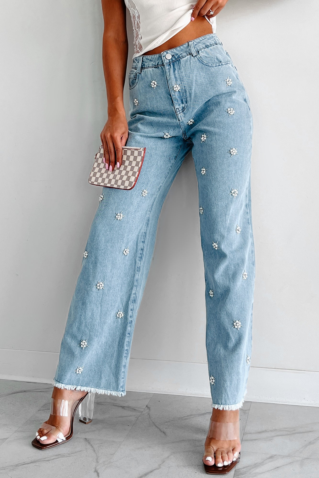 Noteworthy Style Pearl Flower Jeans (Light Denim) - NanaMacs