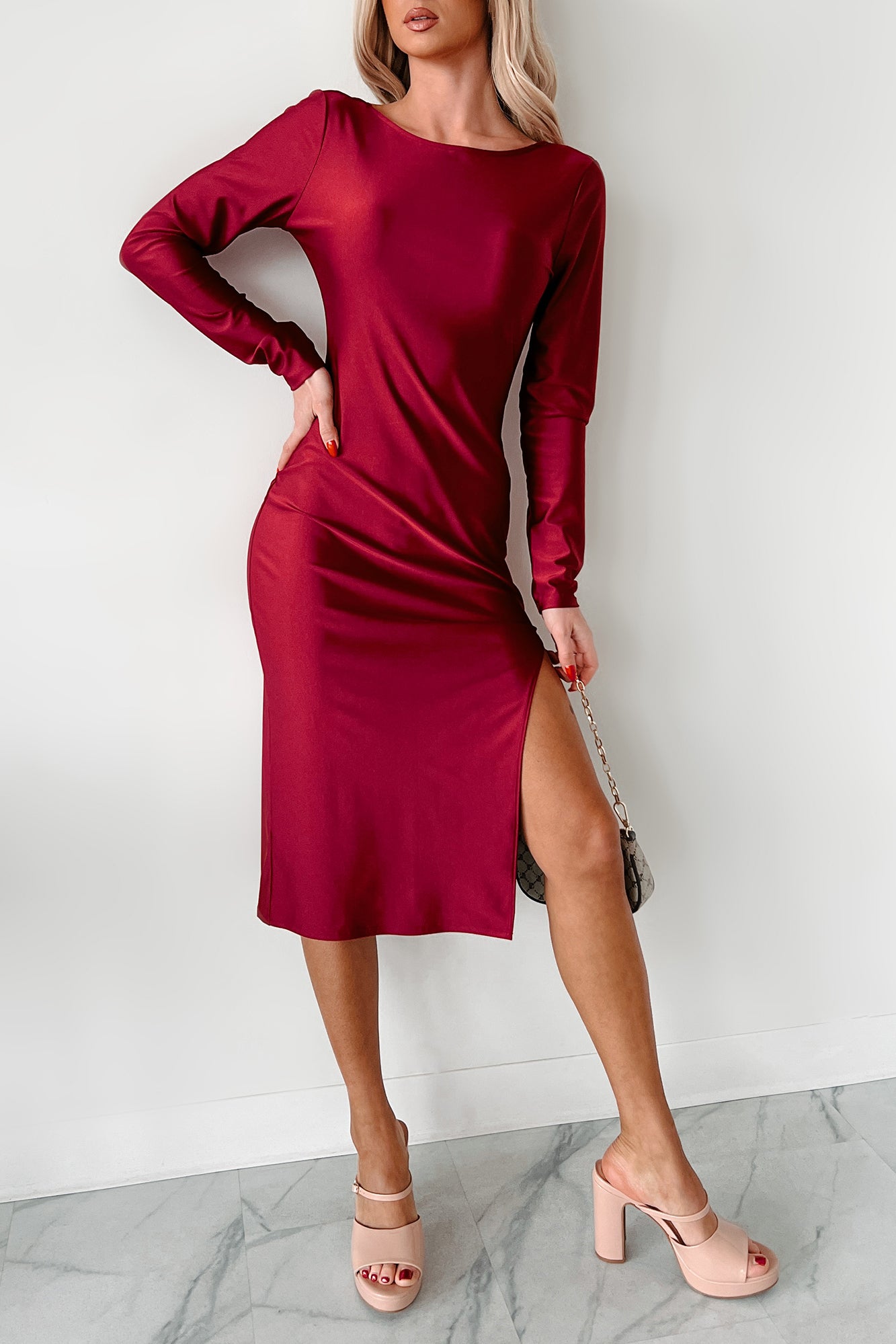 Style Essence Long Sleeve Midi Dress (Burgundy Red) NanaMacs Style Essence Long Sleeve Midi Dress (Burgundy Red) NanaMacs