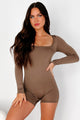 My Greatest Motivator Square Neck Long Sleeve Romper (Brown) - NanaMacs