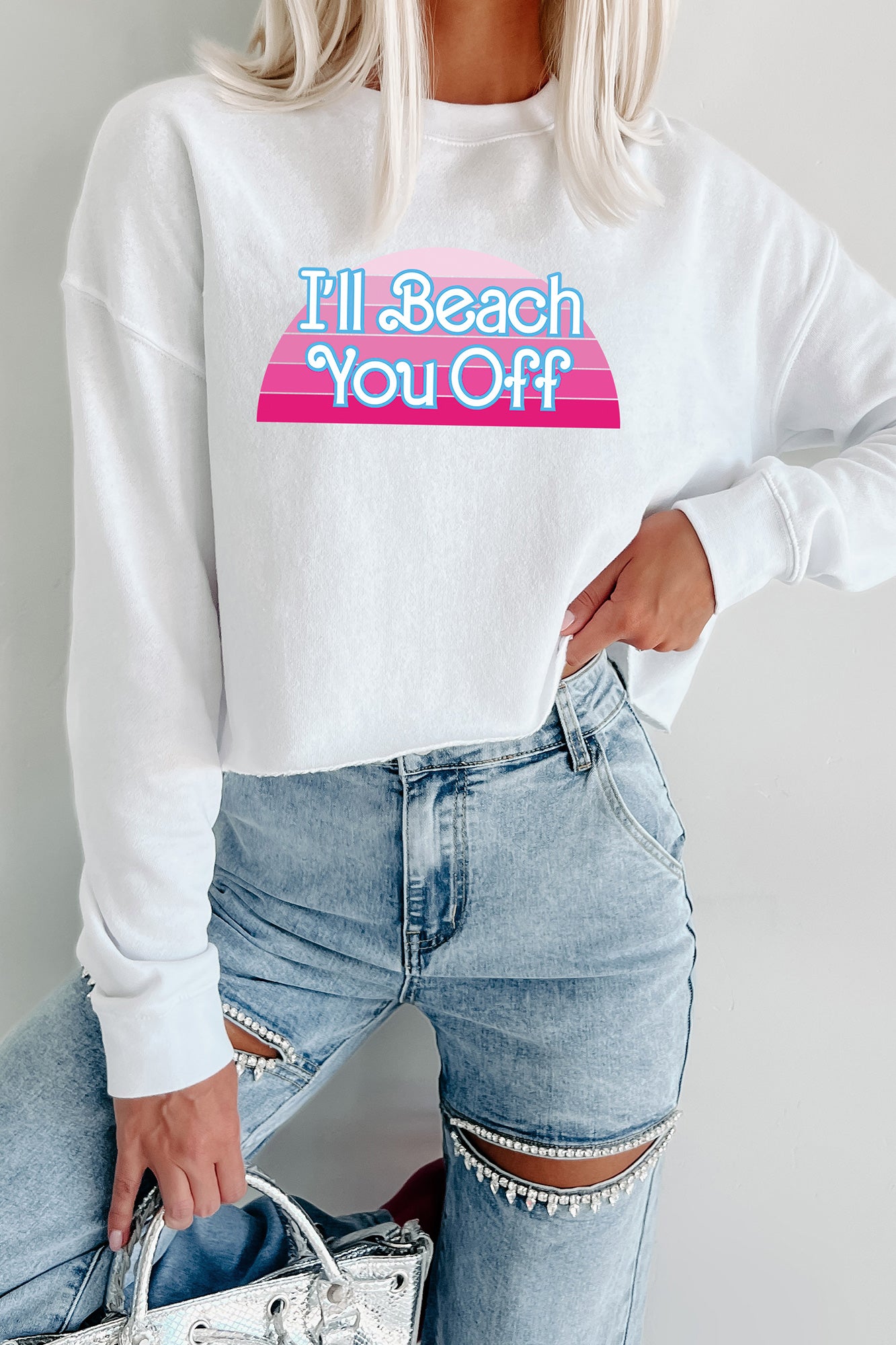 "I'll Beach You Off" Raw Hem Crop Graphic Crewneck (White) - Print On Demand - NanaMacs