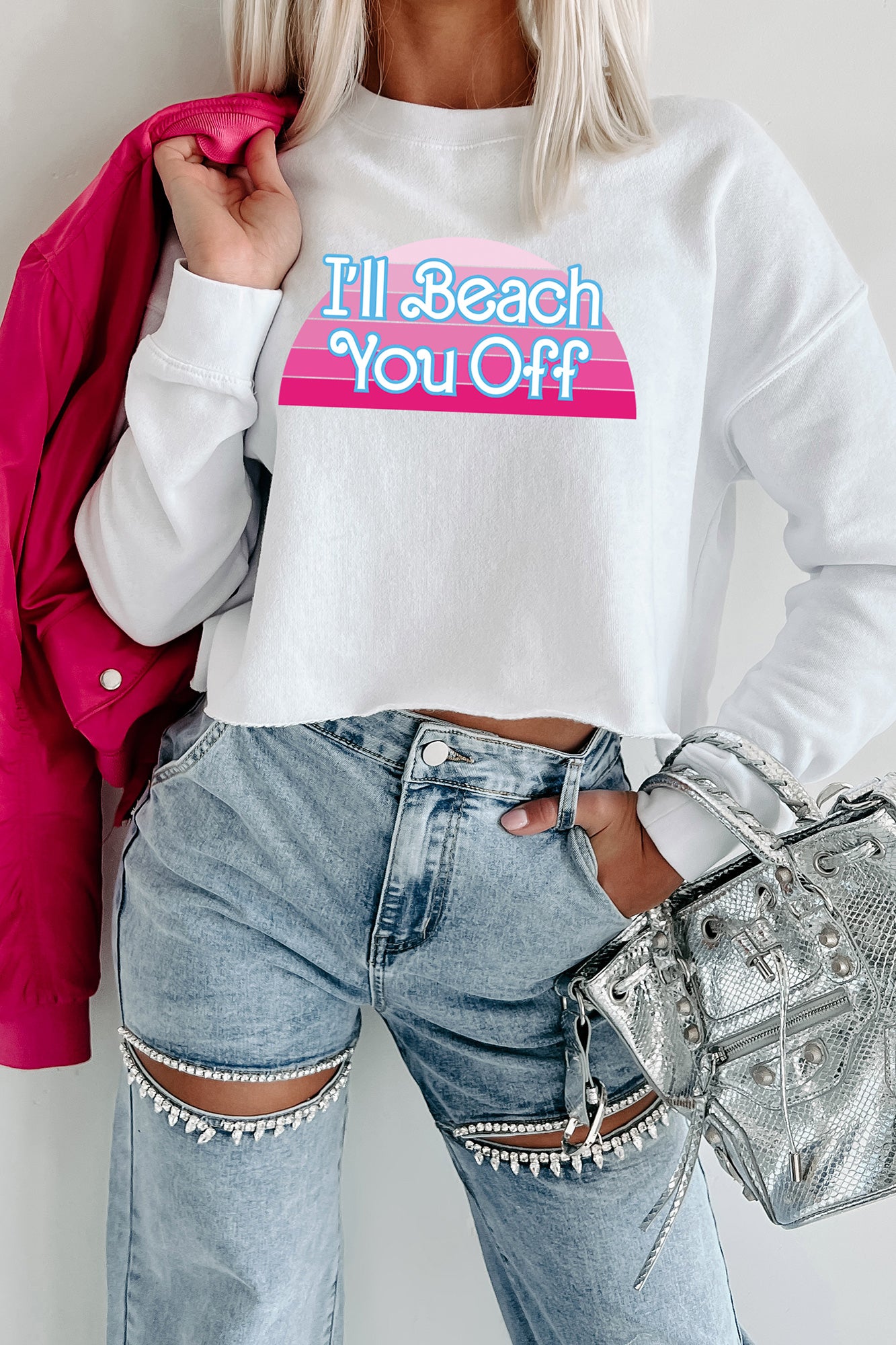 "I'll Beach You Off" Raw Hem Crop Graphic Crewneck (White) - Print On Demand - NanaMacs