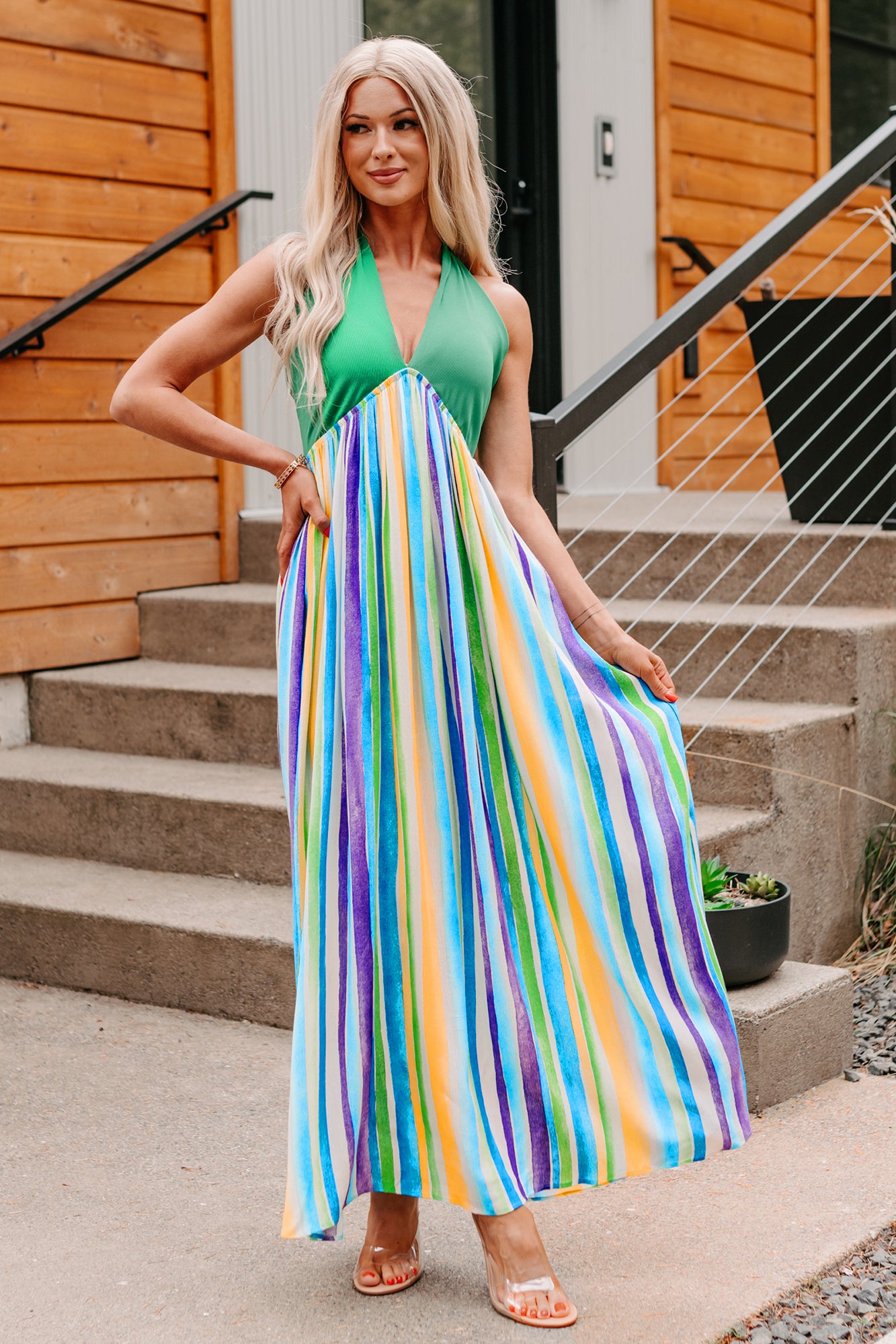 Beauty Awaits Striped Halter Maxi Dress (Tomato Red) - Ships
