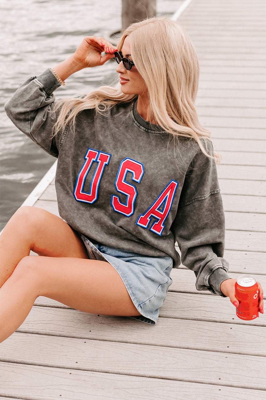 "USA" Mineral Wash Sweatshirt (Charcoal) - NanaMacs