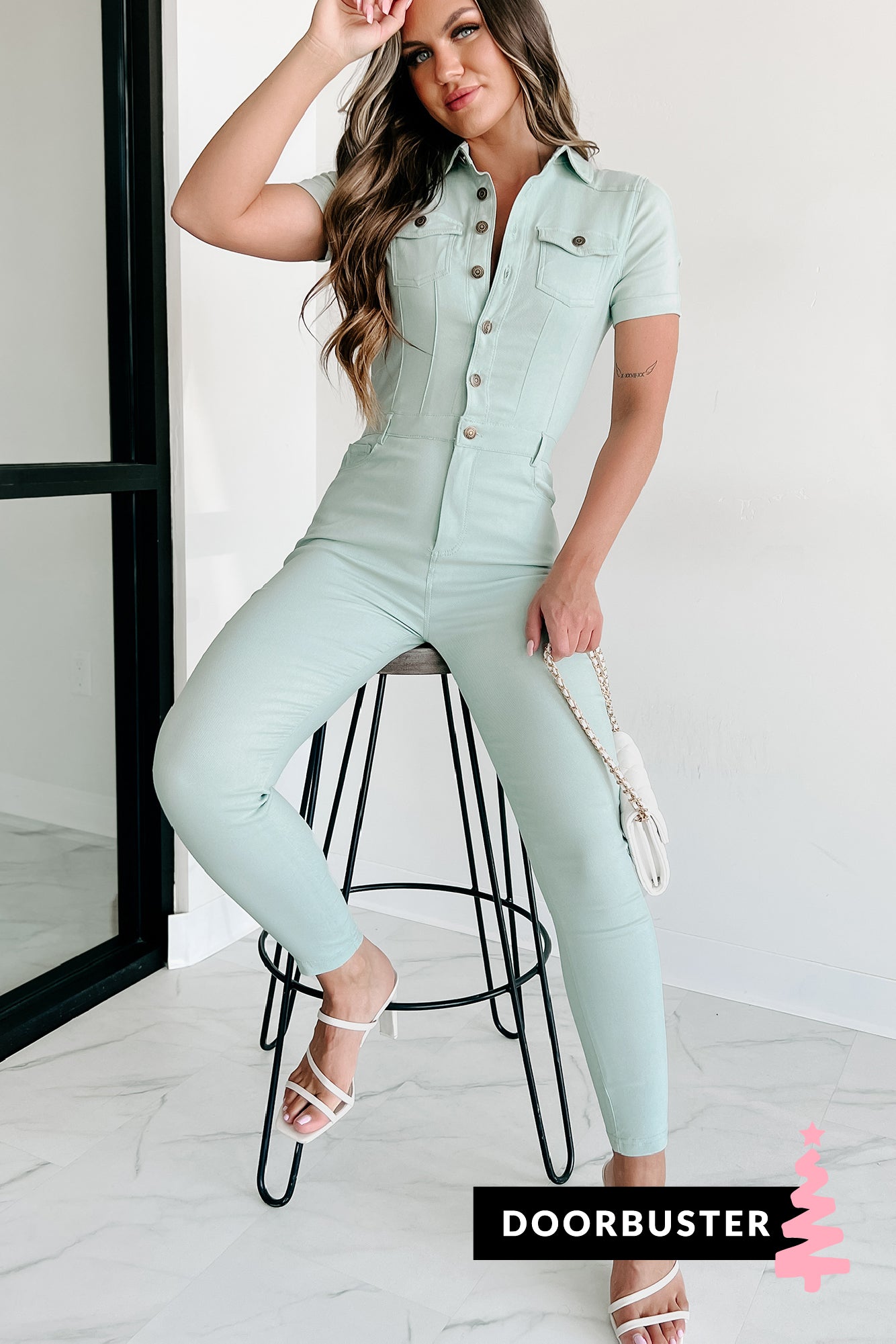 Doorbuster Missing You Lately Button-Front Skinny Leg Jumpsuit (Sage) - NanaMacs