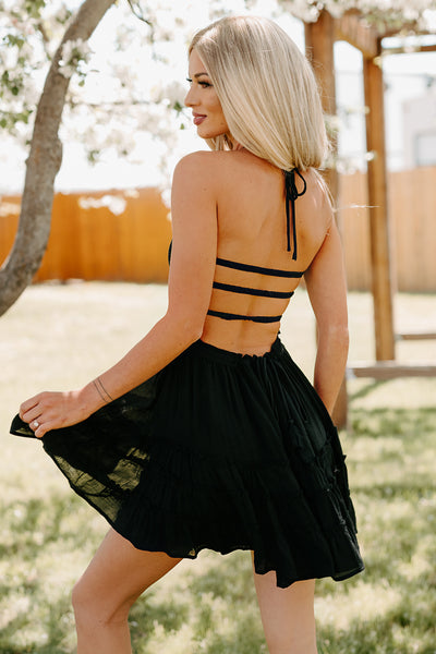 Under The Spell Smocked Halter Mini Dress (Black) - NanaMacs