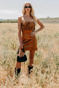 Women's Country Dreams Suede Fringe Mini Dress in Brown - Size L Women's Country Dreams Suede Fringe Mini Dress in Brown - Size L