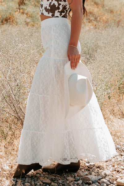 Golden Haze Floral Lace Tiered Maxi Skirt (Off White) - NanaMacs