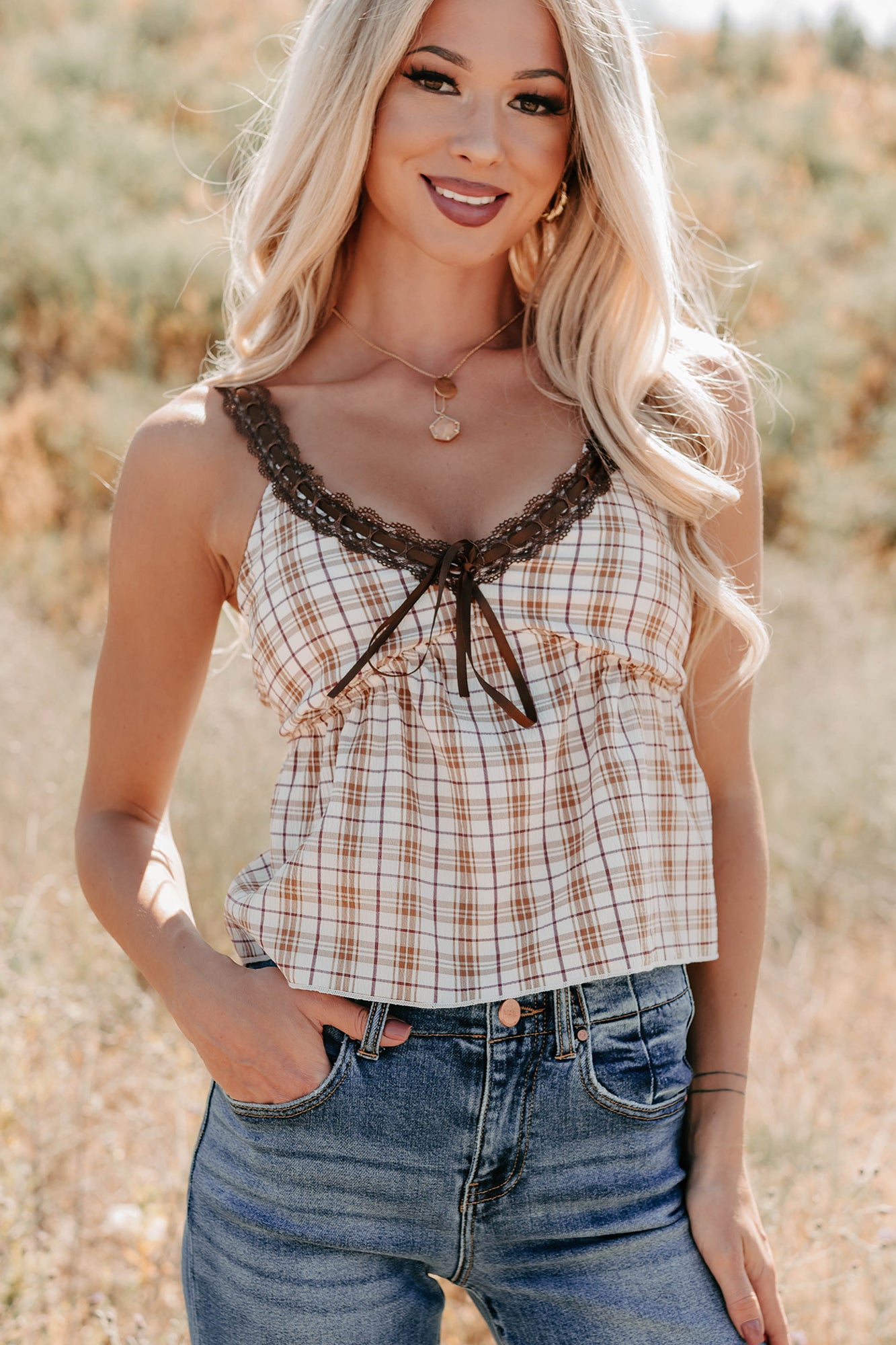 Girly & Dreamy Plaid Tank Top (Cream/Brown) · NanaMacs