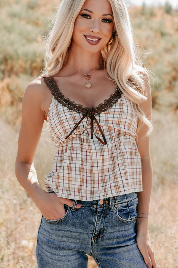 Girly & Dreamy Plaid Tank Top (Cream/Brown) - NanaMacs