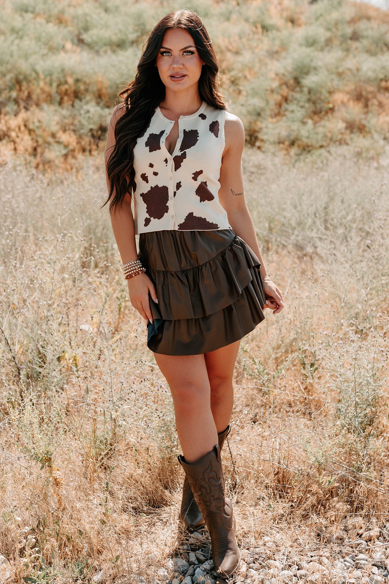 Make My Day Faux Leather Ruffle Mini Skirt (Chocolate) - NanaMacs