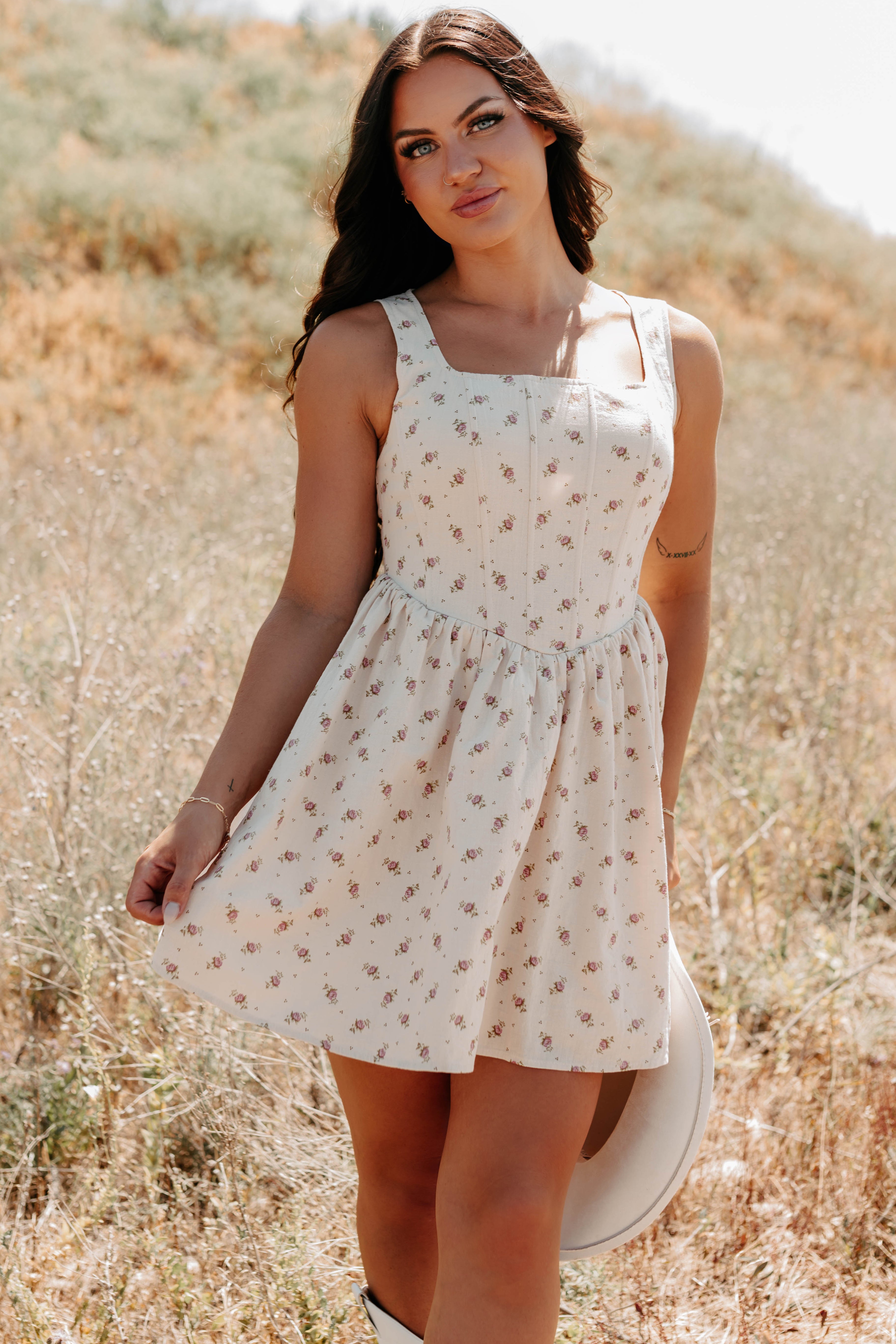 Blush Tells All Square Neck Floral Mini Dress (Natural) - NanaMacs