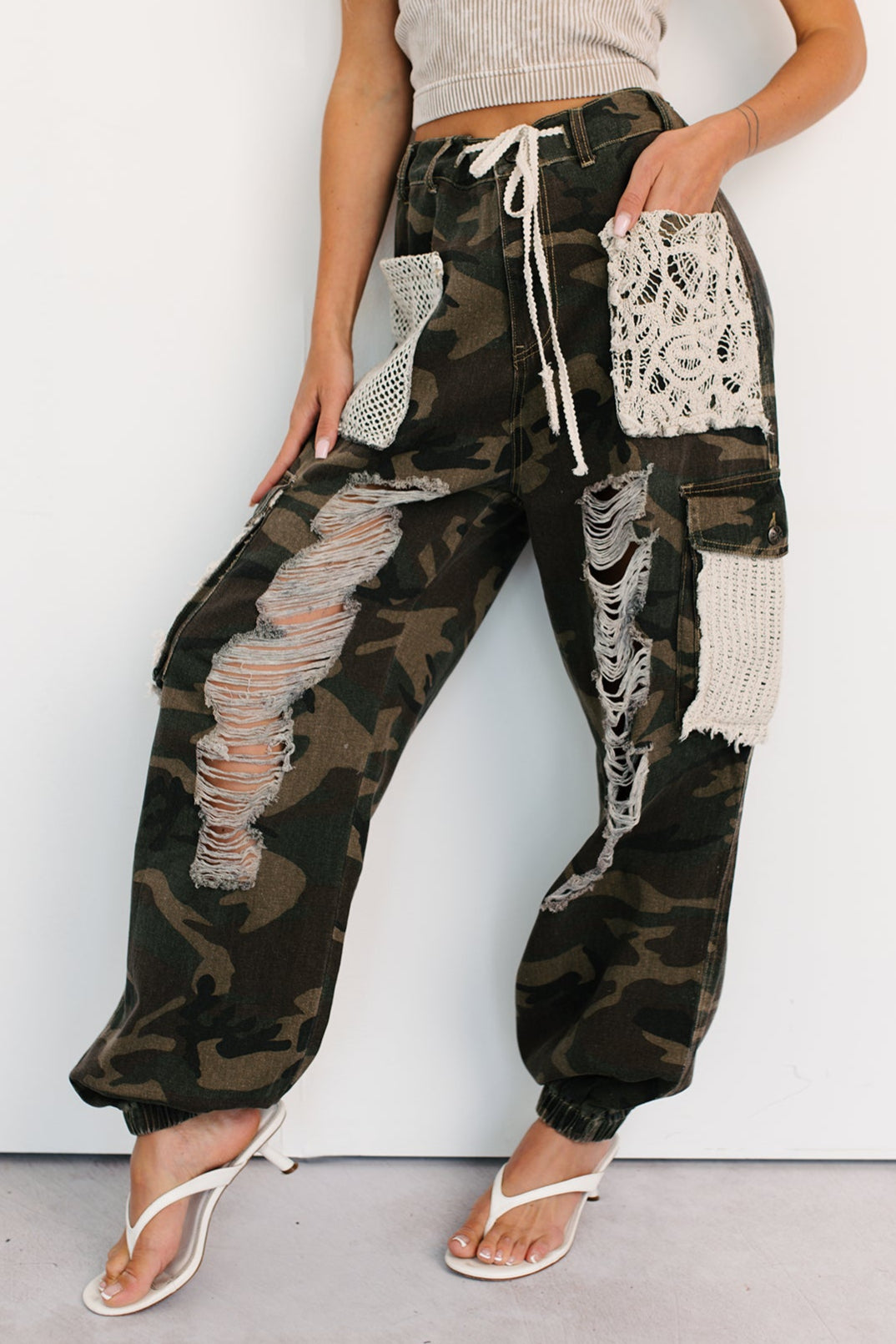 On Duty Cutie Distressed Cargo POL Joggers (Camo) ยท NanaMacs
