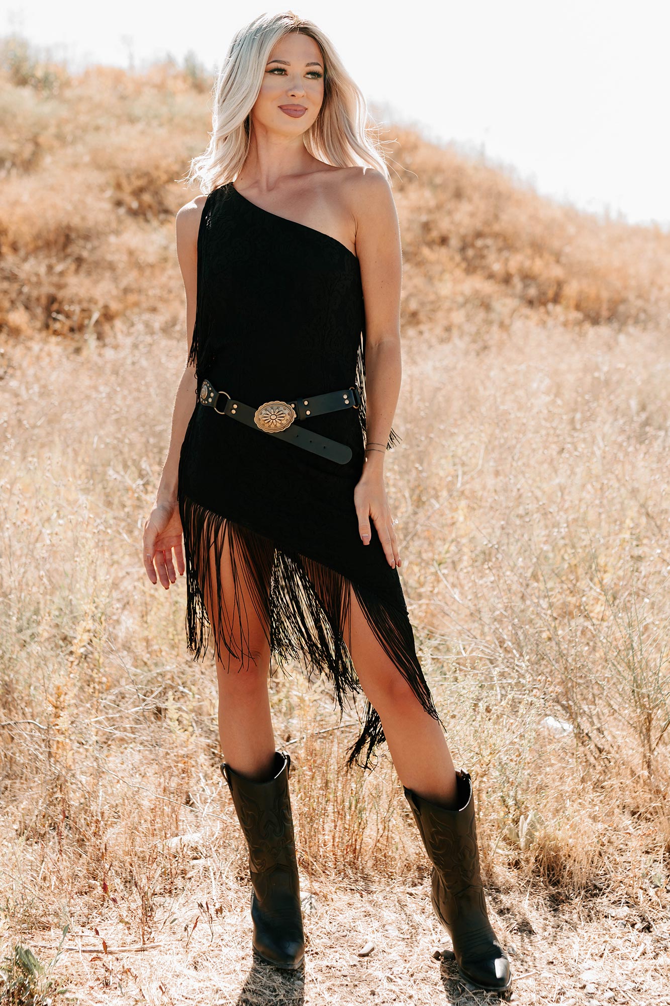 Chase The Feeling Asymmetric Fringe Mini Dress (Black) - NanaMacs