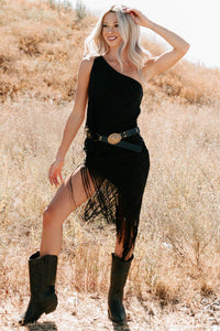 Chase The Feeling Asymmetric Fringe Mini Dress (Black) - NanaMacs