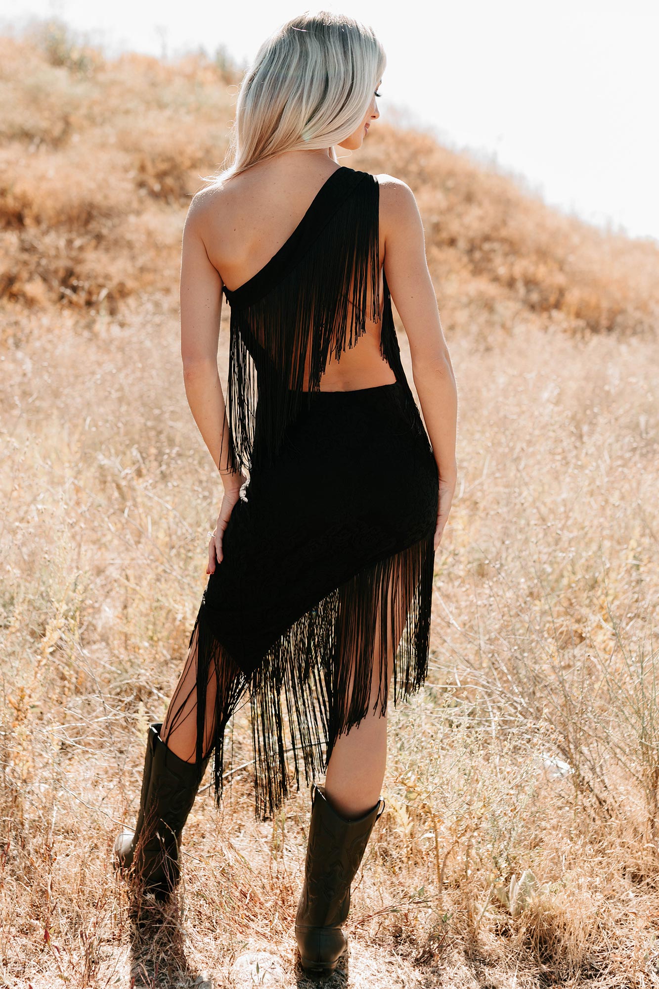 Chase The Feeling Asymmetric Fringe Mini Dress (Black) - NanaMacs