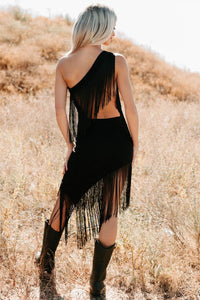 Chase The Feeling Asymmetric Fringe Mini Dress (Black) - NanaMacs